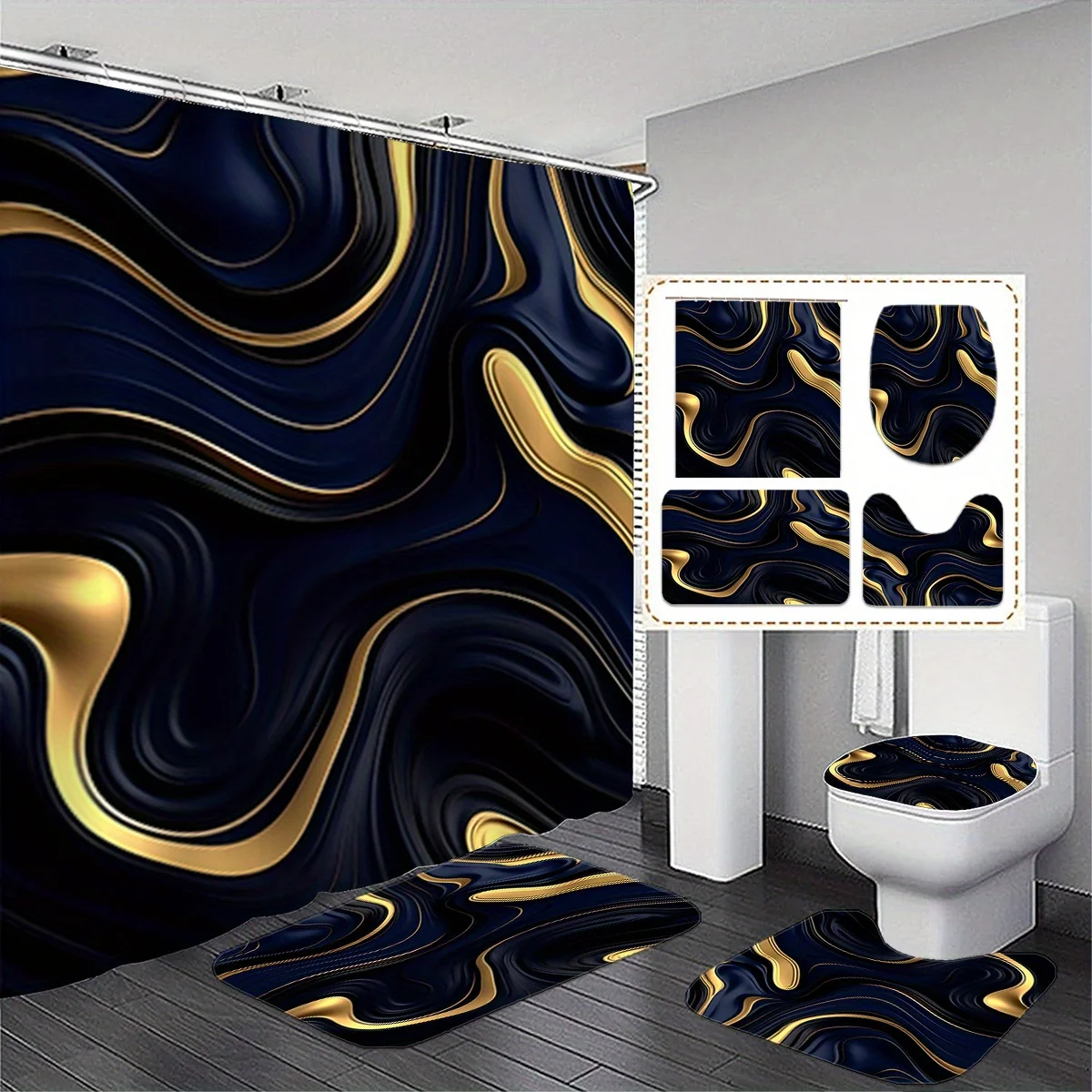 

1/3 Piece Black Gold Bath Set - Ripple Shower Curtain with 12 Hooks, Non-Slip Mat and Toilet Seat, Modern Bathroom Decor