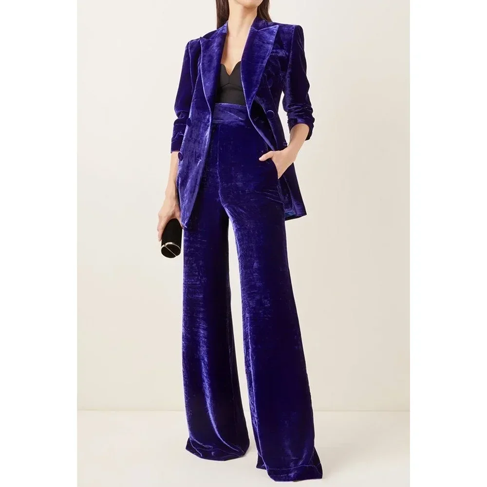 Бархатные женские костюмы с поясом. Высококачественный однобортный фиолетовый костюм с пиковыми лацканами. Модные формальные повседневные офисные брюки.
