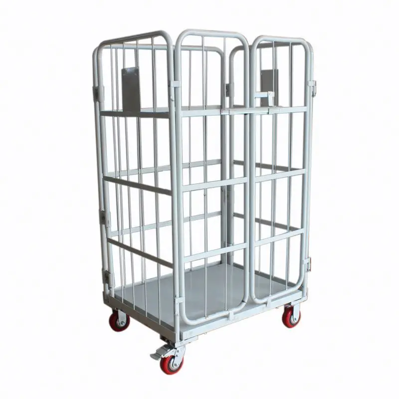 4 sides industrial transport folded steel metal storage trolley with wheels