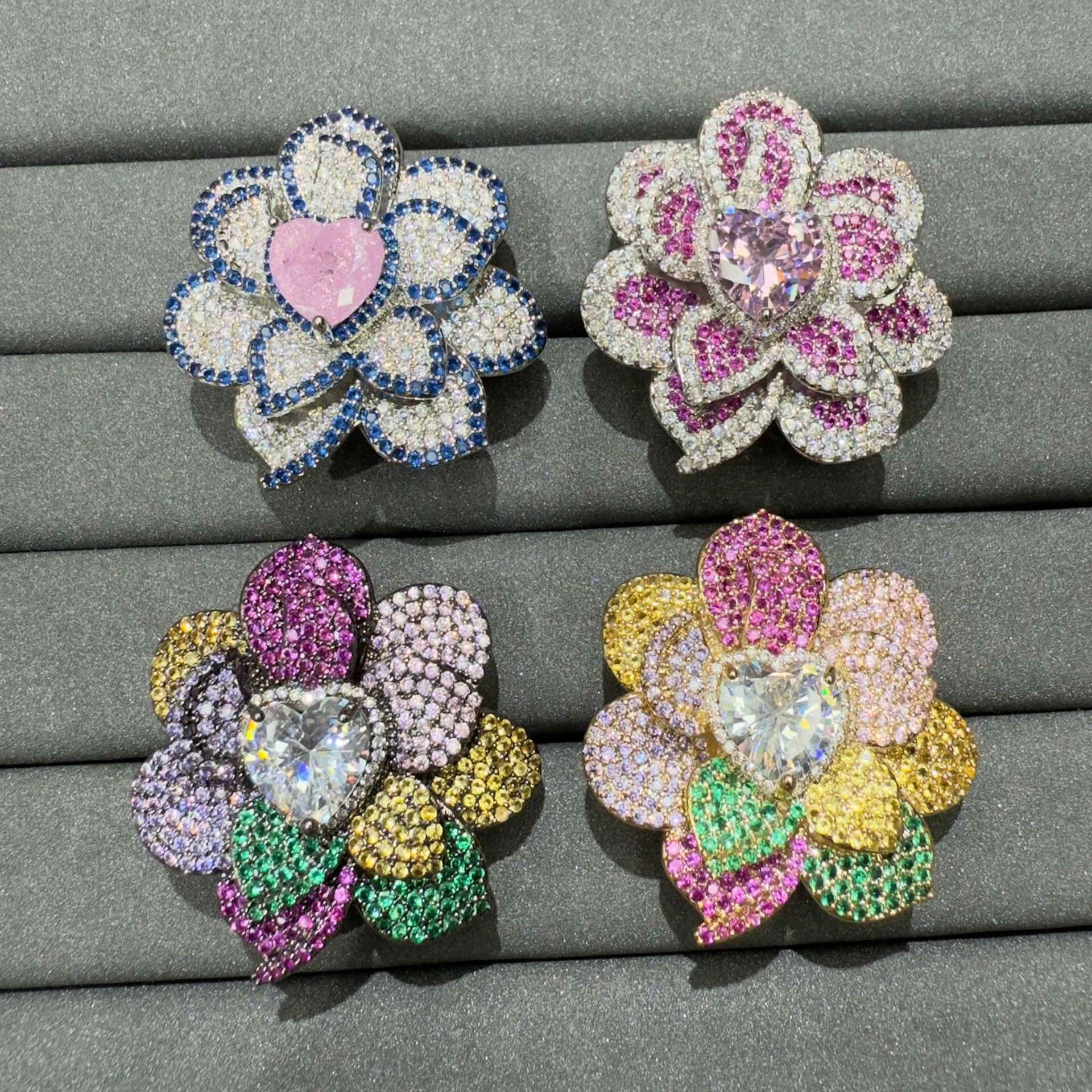 

Gorgeous multicolor cubic zirconia ring for women luxury jewelry fushia blue yellow flower large adjustable ring gala event gift