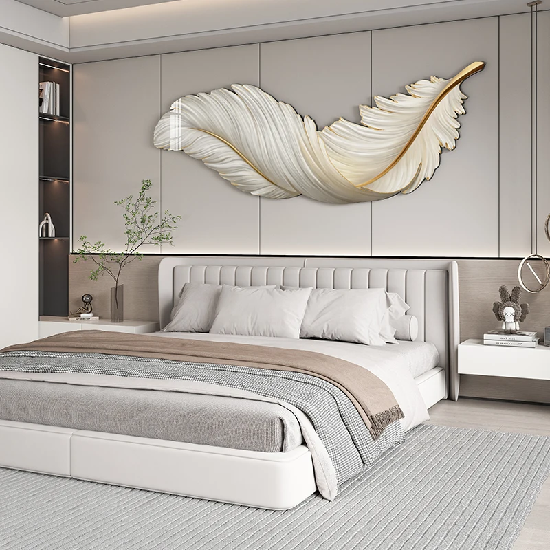 Modern, simple and warm living room background, LED lights, murals, feathers, high-end sense, hanging paintings
