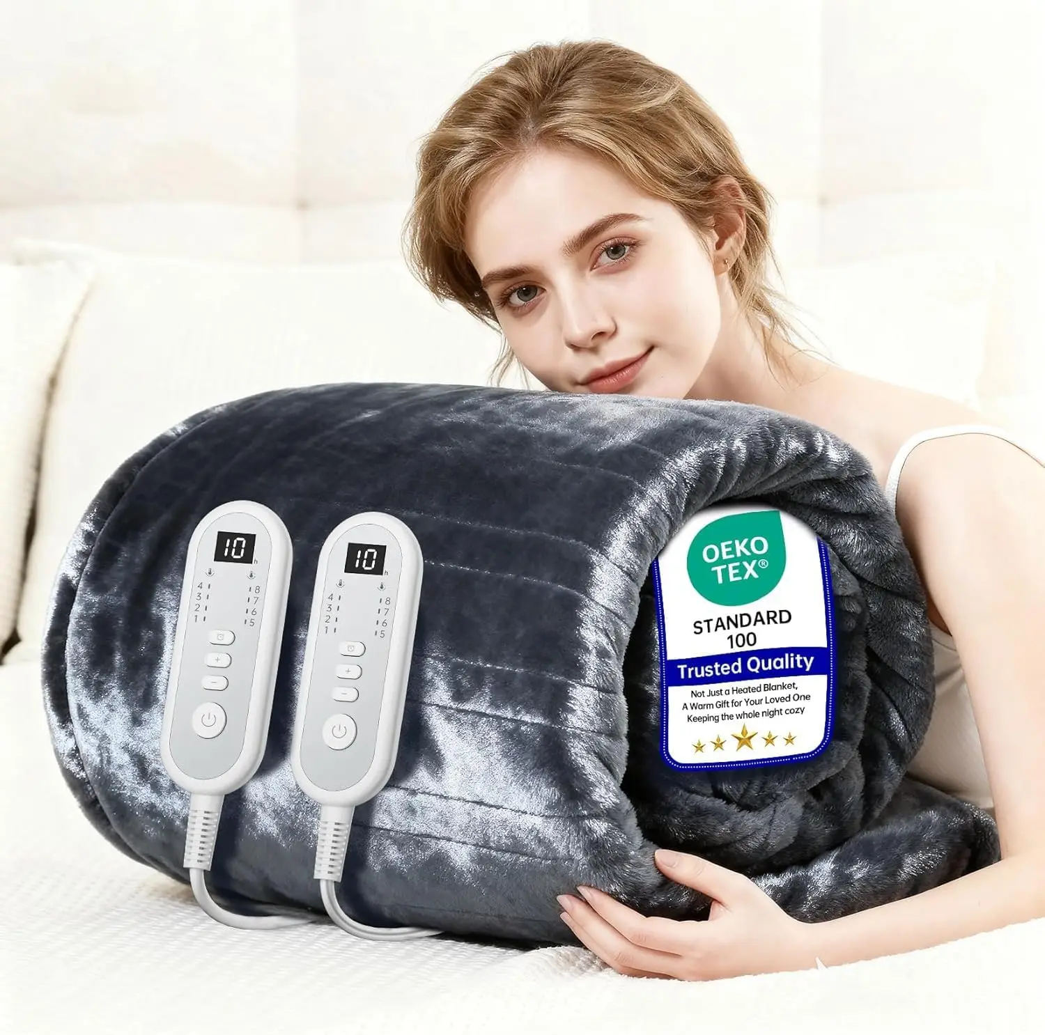 

King Size Electric Heated Blanket with Dual Control, Auto-Off, 8 Heat Levels for Comfortable Warmth