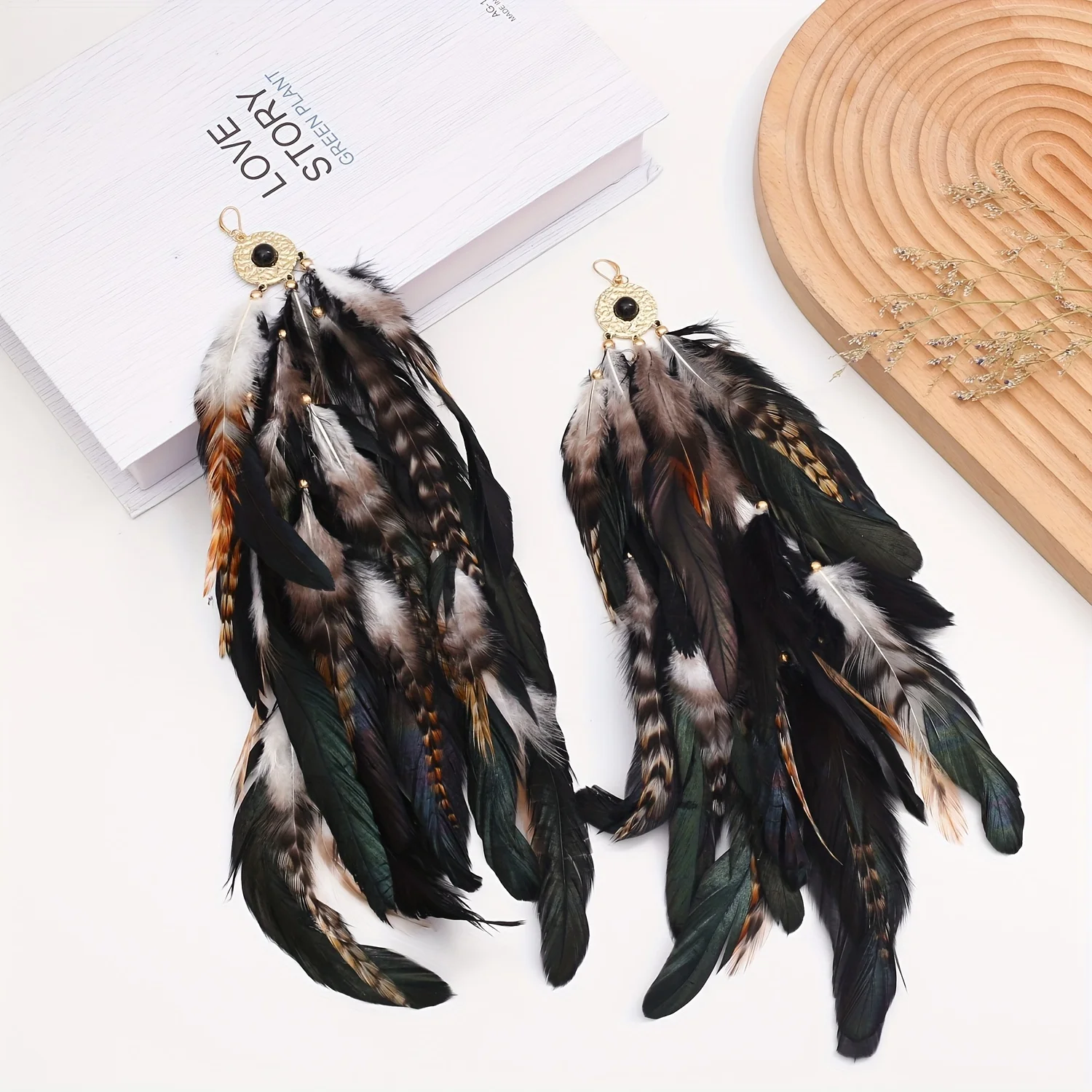 Exaggerated Fashion Feather Long Earrings Hollow out Alloy Turquoise Earrings 3D Metal Earrings