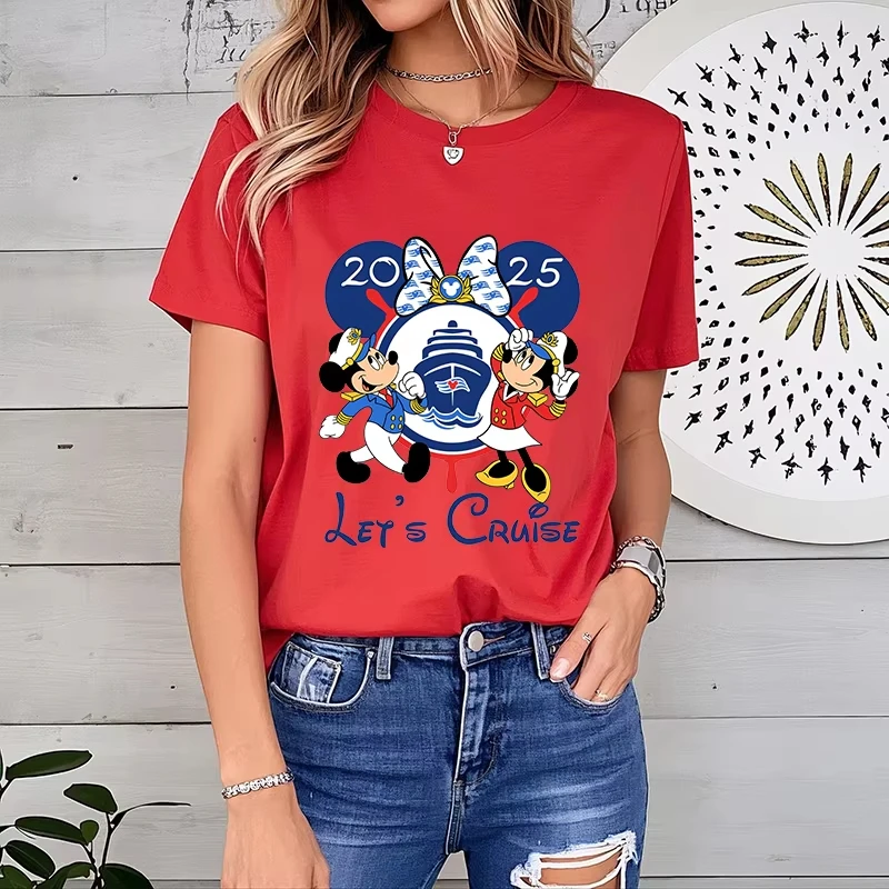 

MINISO Let's Cruise 2025 Cartoon Captain Mickey Couple Printed Women's T-Shirt Summer Fashion Short Sleeve Casual Top