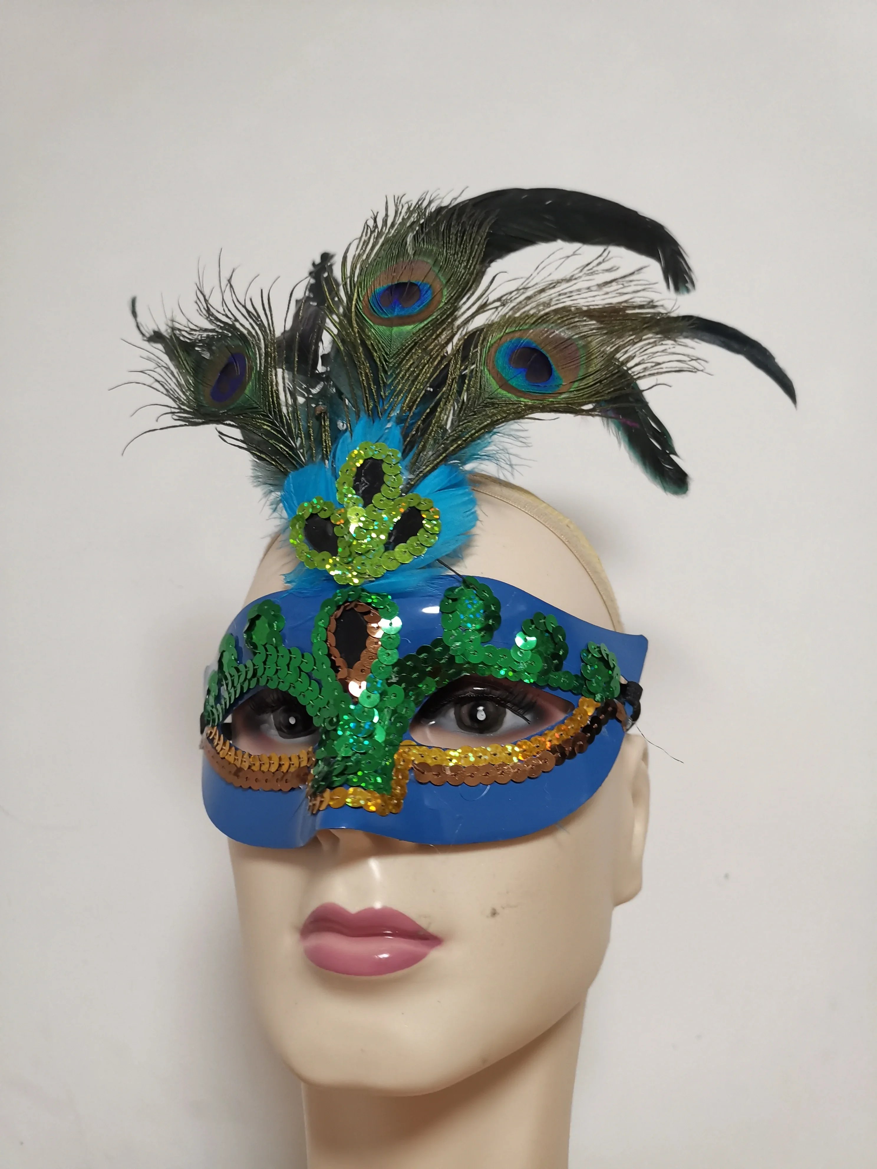 Masque de plumes de paon fait à la main, mascarade de noël, demi-visage, masque de fête d'anniversaire