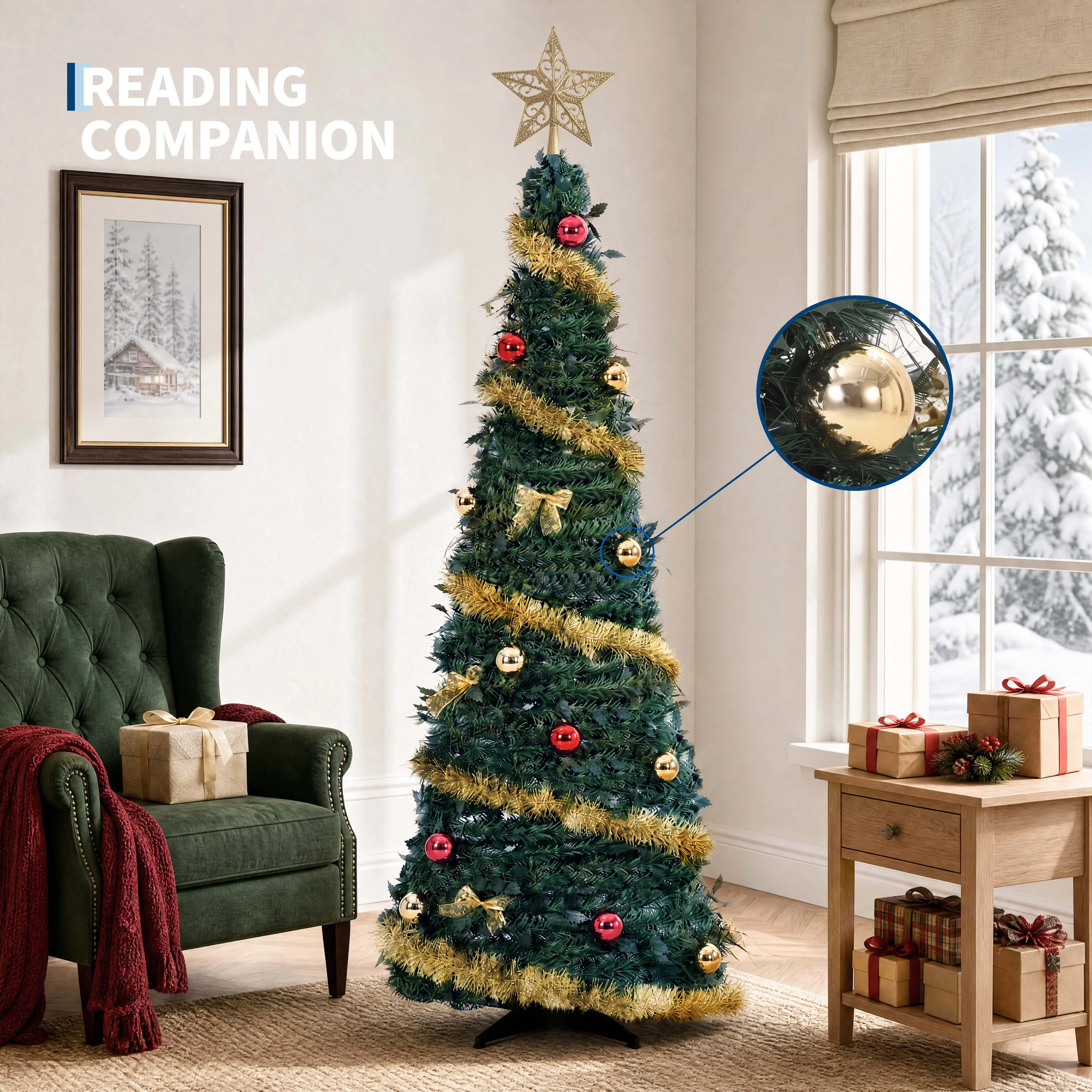 GAOMON 6/7.5 FT Pop-Up Artificial Christmas Tree with Gold Ornaments – Slender Pencil Collapsible Holiday Xmas Tree for Home & Balcony Decor