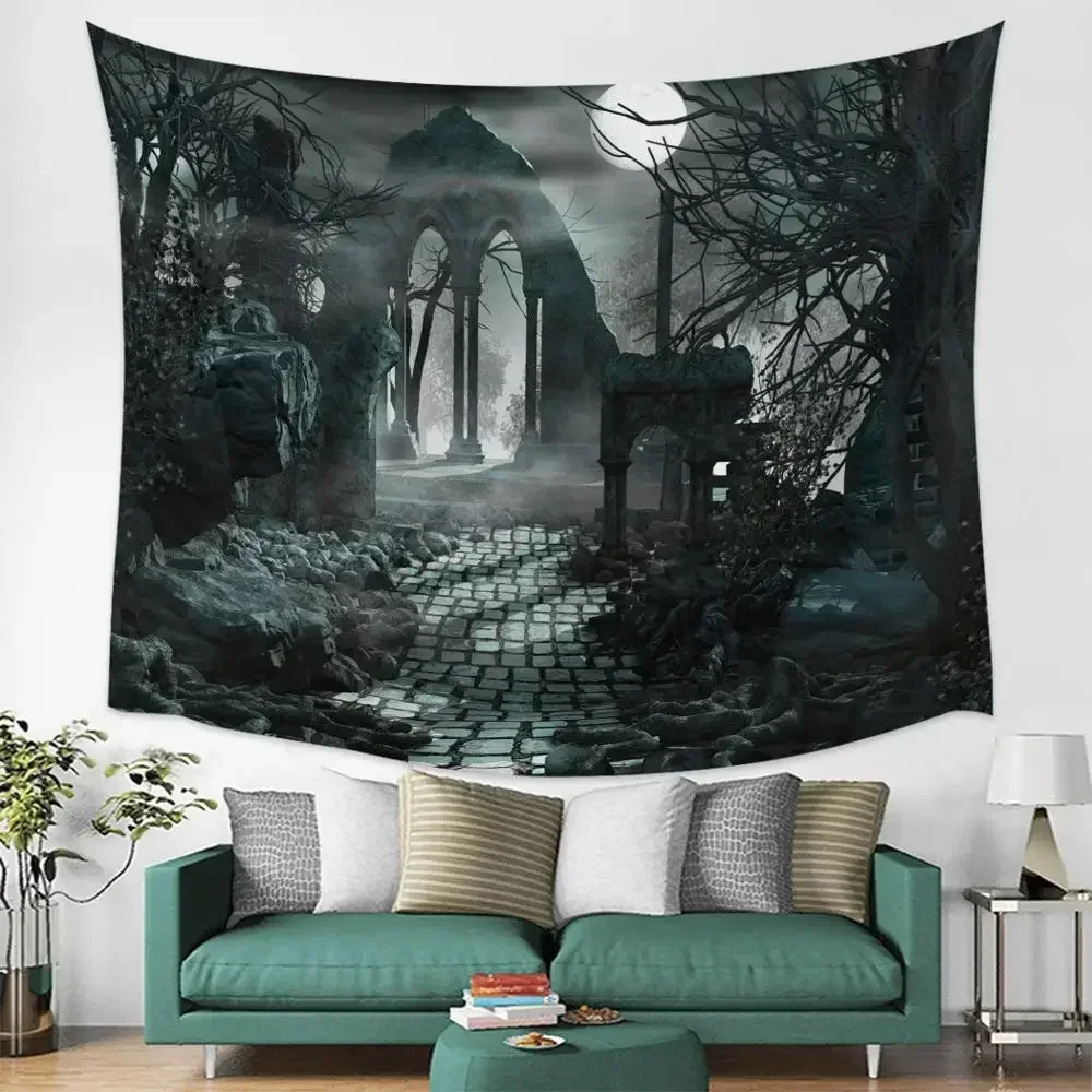 Halloween Gothic Architecture Horror Nights Black Wall Tapestry Holiday Cemetery Home Decor Large Wall Hanging Tapestry Backdrop