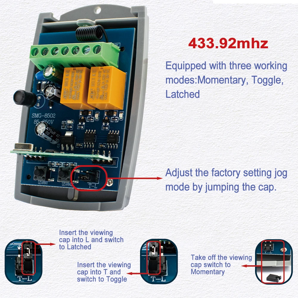 Récepteur de porte de garage à télécommande universelle, 7-32V, 85-250V, 433.92MHz, Partners Rolling Code pour Momentané, Fermé interdit