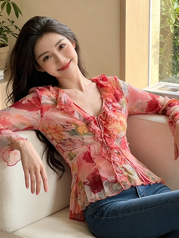 

Elegant Floral Print V-Neck Long Sleeve Shirt Women's Spring Summer Lightweight Luxury Feel Loose Fit Shirt Unique Style