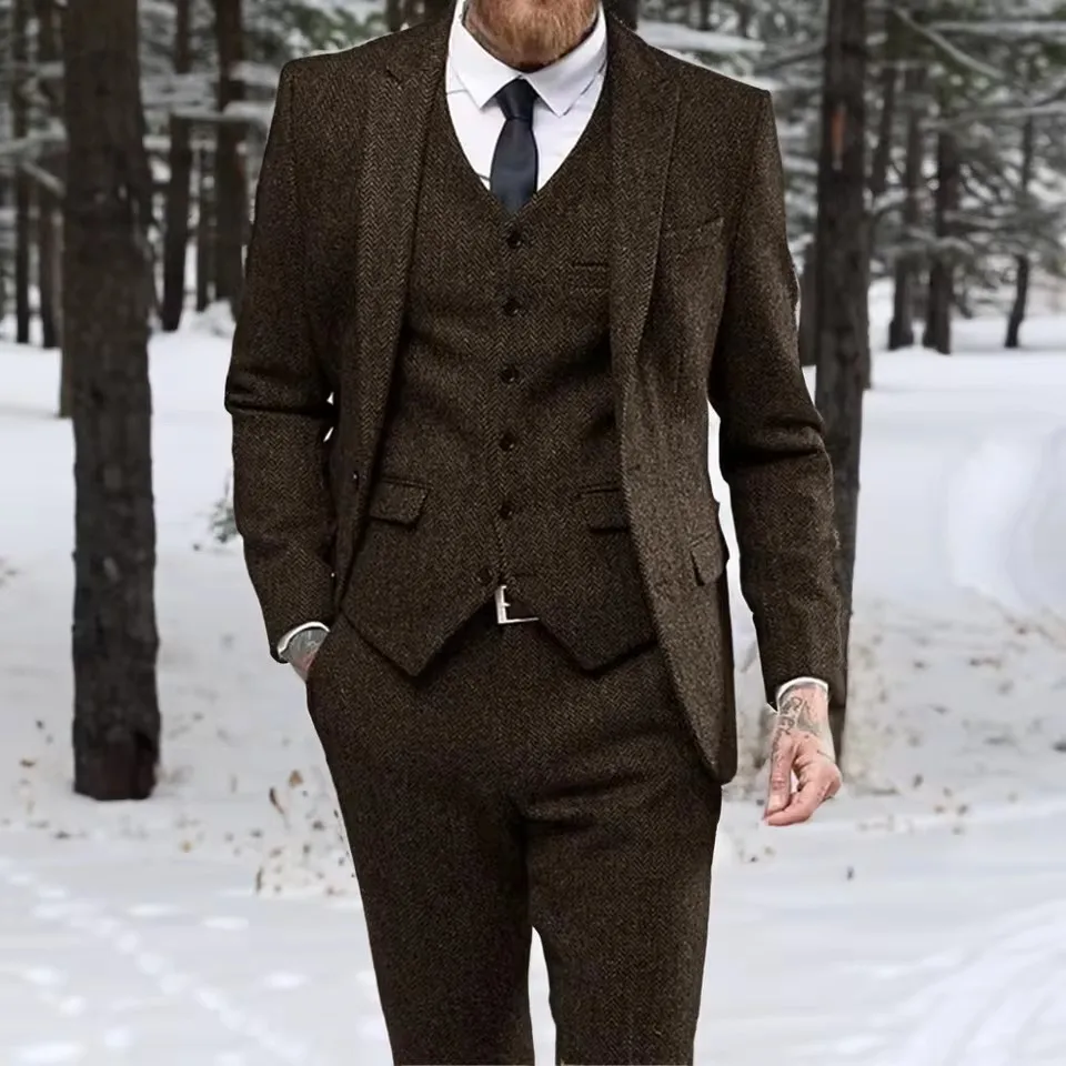 Winter Brown Men's Wool Blazer Suits Tweed Herringbone Classic Slim Suit 3-piece Suit Business Wedding Party Tuxedo