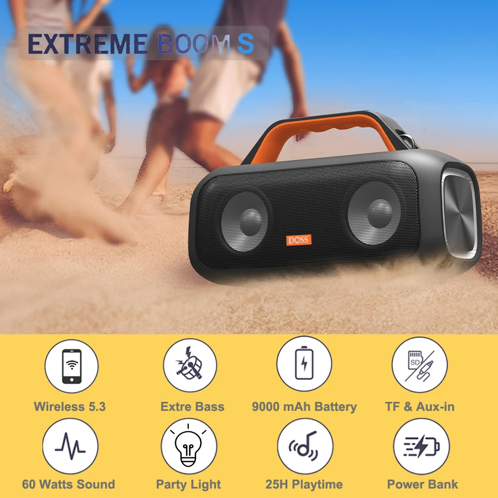 DOSS Portable Speaker Bluetooth 5.3 Powerful 60W Stereo Sound with Bass Subwoofer 25H Playtime IPX6 Waterproof Outdoor Speakers