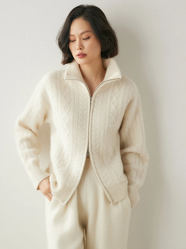 Heavyweight Women 100% Cashmere Sweater Cable Knitting Cardigan Luxury Vintage Style Thick Cashmere Knitwear Autumn Winter Tops