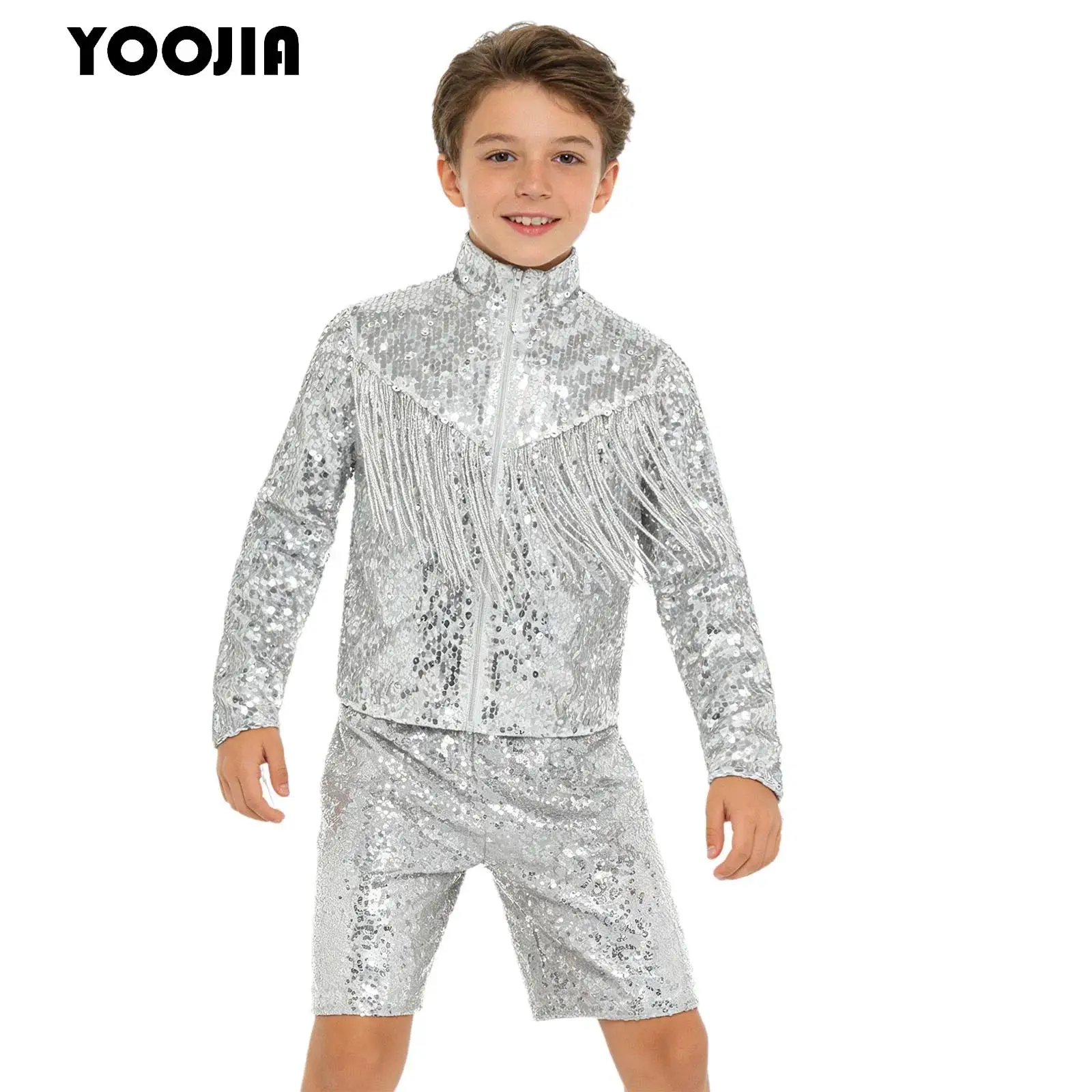 Boys Hip-hop Set Kids Silver Color Jazz Dance Costume Streetwear Sequin Long Sleeve Front Zipper Tassel Jacket Shirts And Shorts