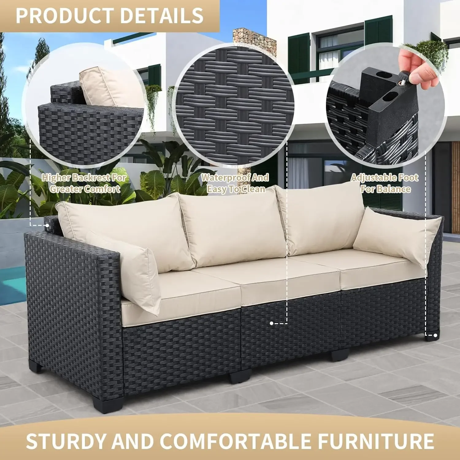 

3-Seat Outdoor Rattan Sofa Patio Couch Black PE Wicker Loveseat Seating Furniture with Washable Khaki Cushions