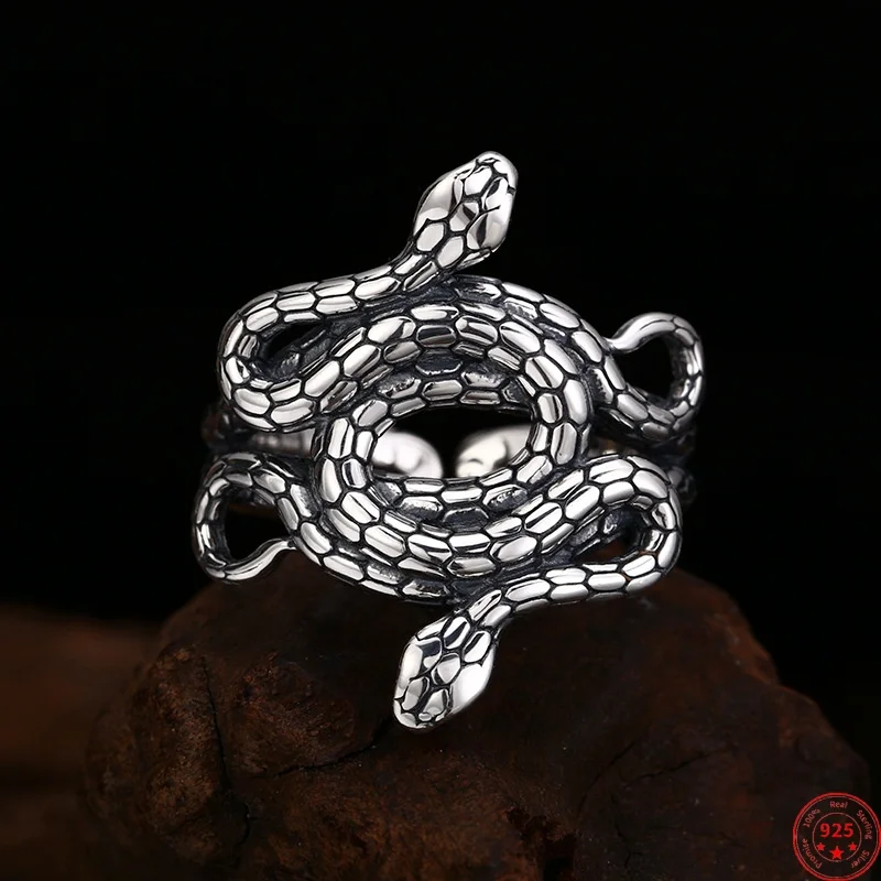 S925 Sterling Silver Charms Rings for Men Women Retro Snake-Pattern Double Snake Twist Around Fashion Punk Jewelry Wholesale ﻿