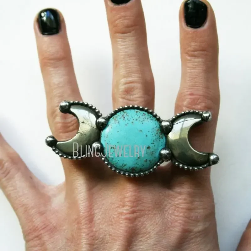 Turquoise Pyrite Moon Phase Goddess Ring Lady Crescent Crystal Witch Wicca Statement Goth Halloween Stainless Steel Y2k Jewelry