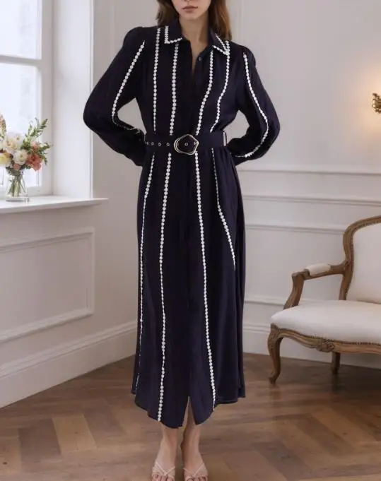 

Women's Fashion Long Sleeve Metal Buckle Waist Cinched Shirt Dress Temperament Commuting Spring Female Elegant A Line Dresses