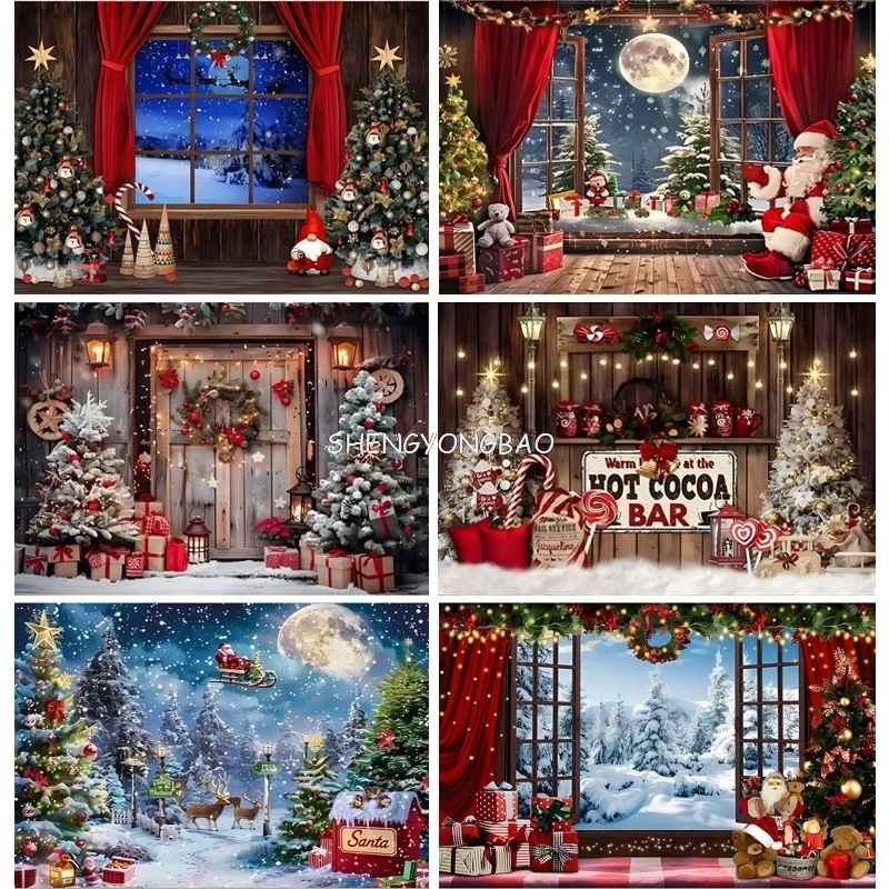 

Christmas Tree With Gift Boxes Photography Backdrops Winter Snow Decorations Wooden Door Fireplace Room Background Props ST-02