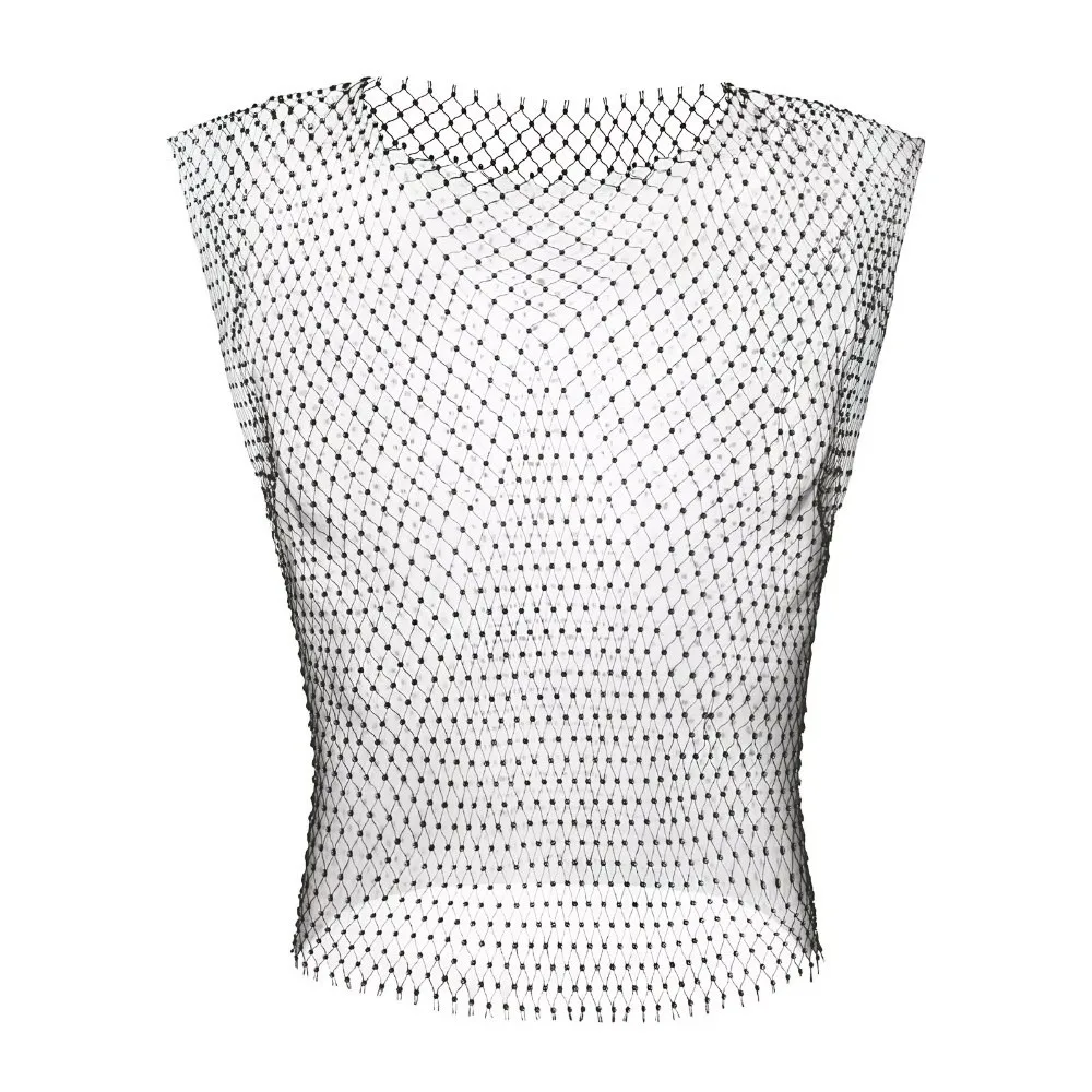 

Nightclub performances Rhinestone Decorated Men Tank Tops Hollow Design Tight Fit Fishnet Vest Elastic Fabric Mesh T-Shirt