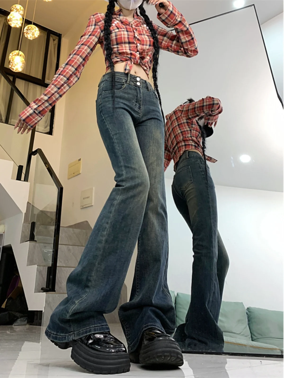 حجم كبير Fce اصطف متوهج الجينز المرأة عالية الخصر مطاطا التخسيس Bootcut الدنيم السراويل ملابس شتوية القطن تمتد الدنيم