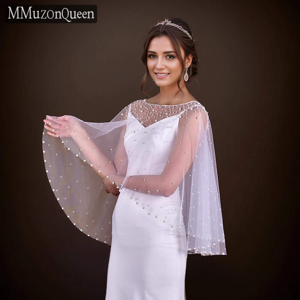 MMQ MG30 Elegant Beaded Wedding Shawl Summer Women Dress Bolero Pearls Tulle Cloak Wedding Accessory DIY Customizable