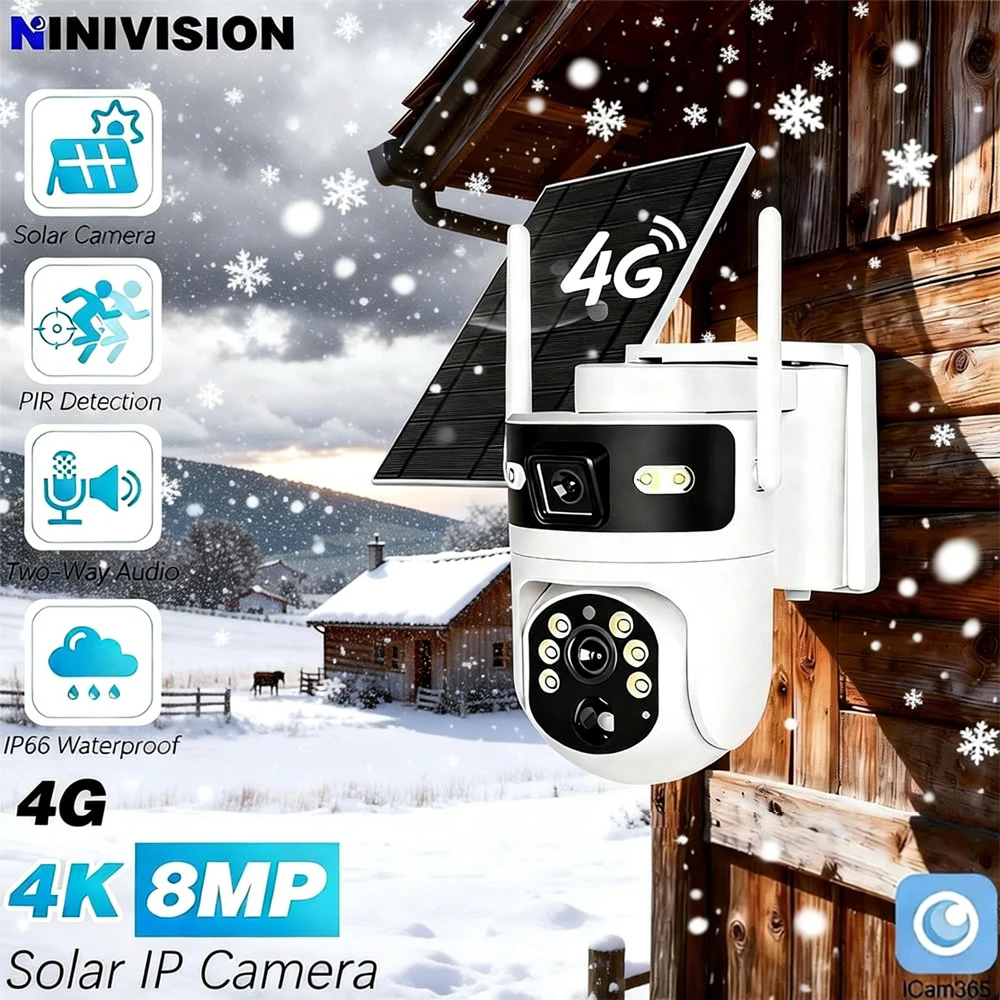 

Solar 4K 8MP 4G With SIM Surveillance Camera Dual Lens Auto PIR Detection Outdoor Security PTZ IP CCTV Two-Way Audio ICam365 App