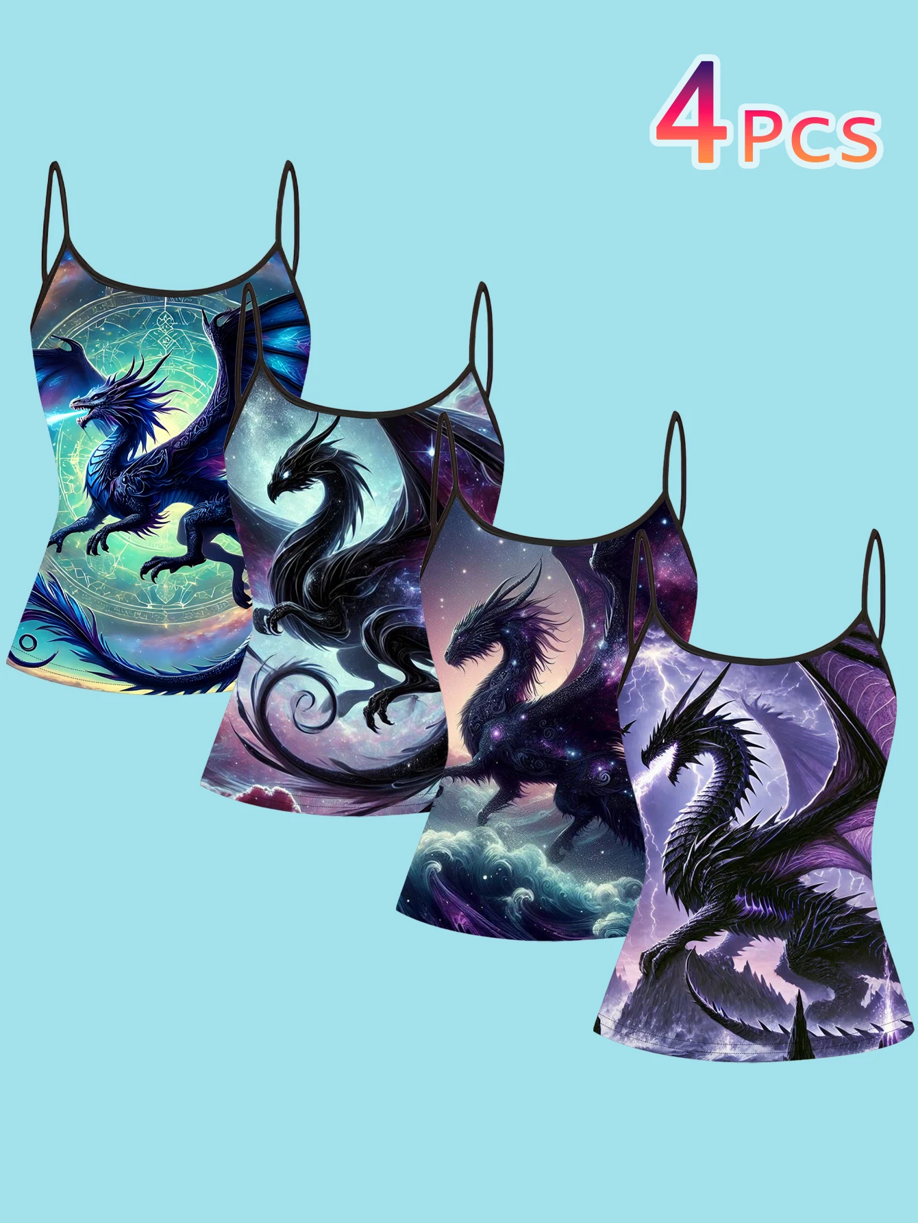 4-Piece Set of Women's Dark Starry Sky Dragon Print Camisoles, Magic Circle Nebula Lightning Western Dragon Slim-Fit Spaghetti Strap Inner Tops