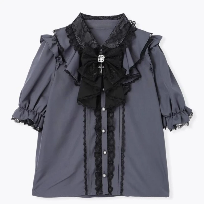 Japanese Lolita Blouse Women Purple Short Sleeve Ruffle Lace Bow Y2K Women Casual Top Retro Victorian Subculture 2026 Summer view 4