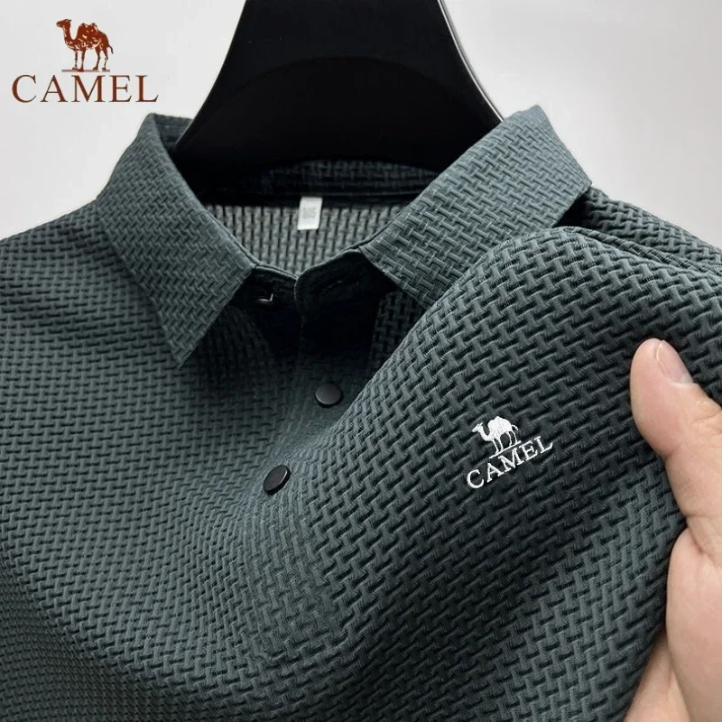 High end bordado camelo camisa polo elástica de seda gelo nova camiseta verão moda respirável negócios manga curta luxo topo