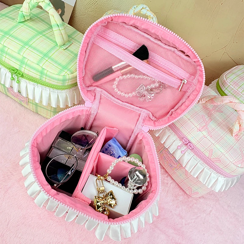 Large capacity bag with lace, rainbow and check patterns for makeup use