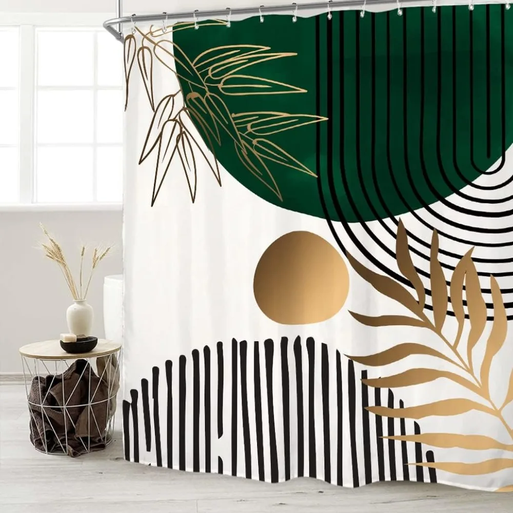Abstract Leaves Shower Curtain Emerald Green Modern Tropical Simple Minimalist Chic Waterproof Bathroom Curtain with 12 Hooks