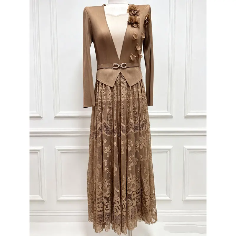 Miyake Pleated Floral Elgant Patchwork Maxi Dress Sexy O Neck Lace Solid Color Long-Sleeved Fashion Women's Clothing Vestido
