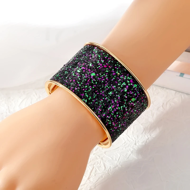 European Metal Sequins Bangle For Women Git Trendy Blingbling Colorful Open Adjustable Wide Cuff Bracelet Party Wedding Jewelry