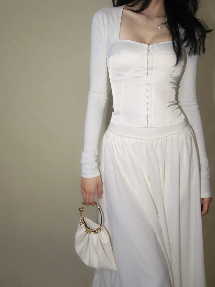 

Женский топ Skinl Moonlight White Court Fibone Long Sve, облегающий женский топ с накладкой на грудь, женская футболка