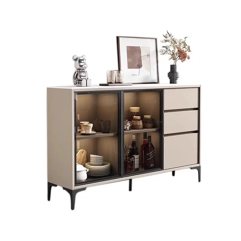 Esszimmer-Seitenschrank aus massivem Holz mit Felsplatte, integriert an der Wand, Glastür, Haushalt, Wohnzimmer, Küchenschrank, Spind