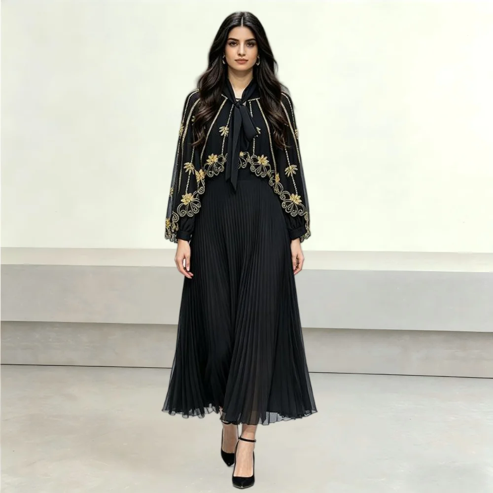 

Black Gold Floral Embroidered Beaded Cape Pleated Midi Dress Muslim Modest Dresses Women Wedding Guest Evening Formal Party Gown