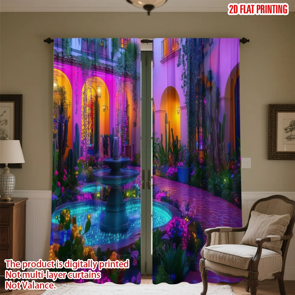 

2D flat printing 2pcs Party Curtains Courtyard with Vibrant Lighting Digital Printed Polyester Drapes Festive Holiday Use for