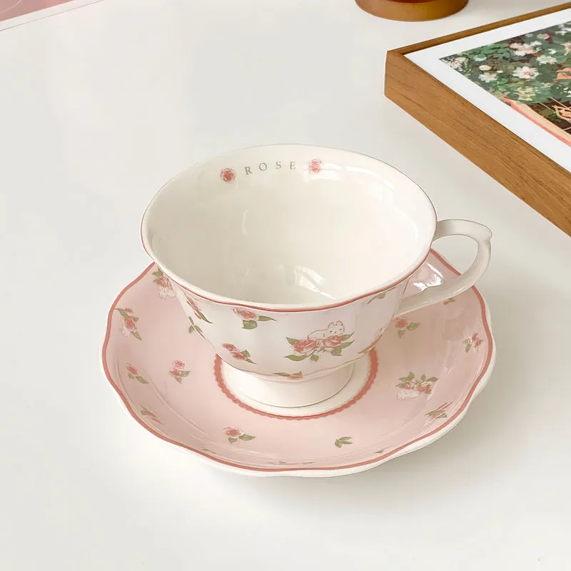 Pretty Pink Rose With Cute Rabbit Ceramics Coffee Cup and Saucer Set English Afternoon Tea Cup Mug 250ml