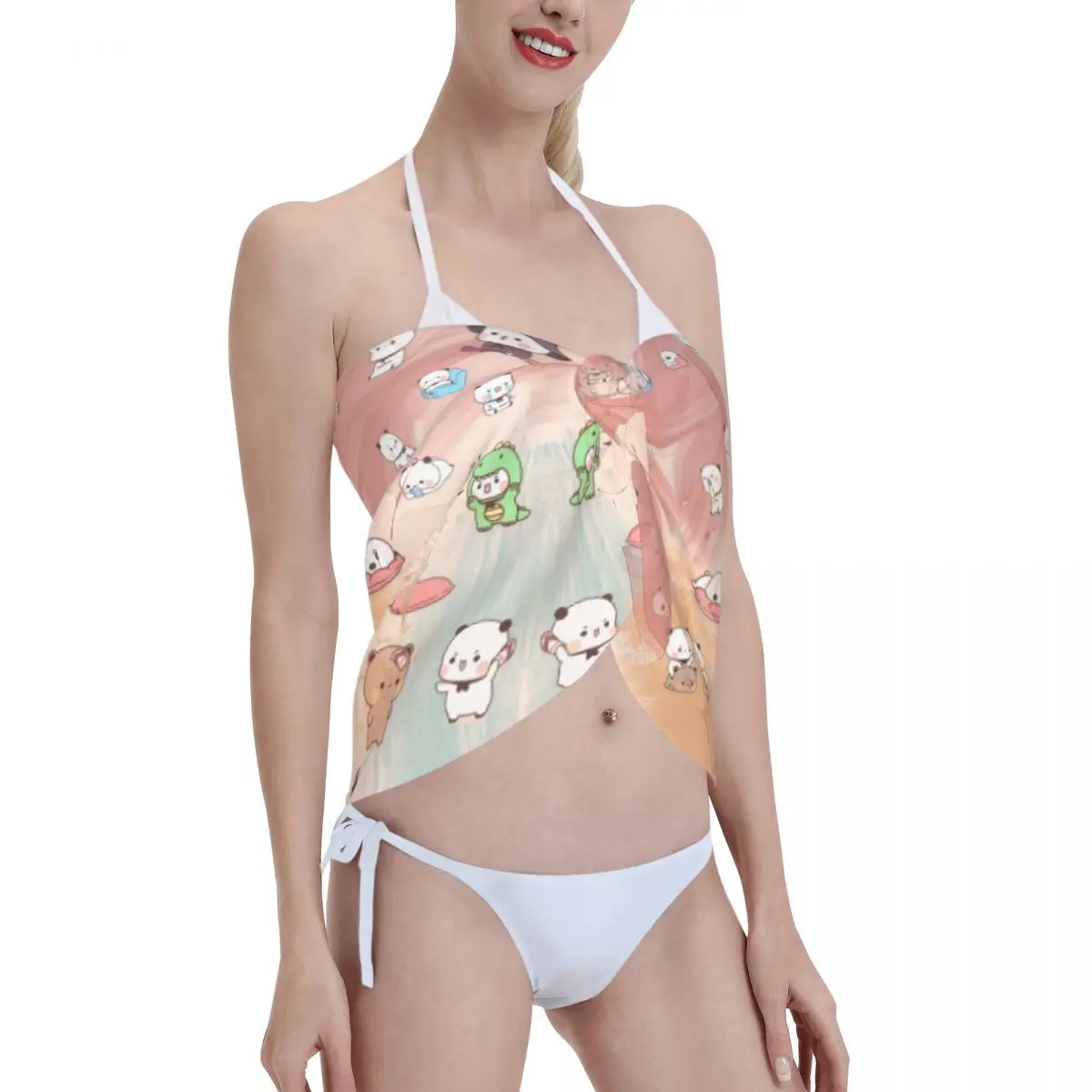 Personalizado bubu e dudu praia bikini envoltório transparente biquíni vestido de praia saia curta lenço de chiffon cobrir para mulher