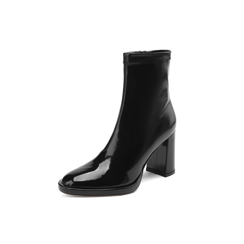 

Patent Leather Boots Mid-calf Chunky Heels Solid Botas Versatile Pointed Toe Concise Shoes Elegant Zippers Casual Zapatos Mujer