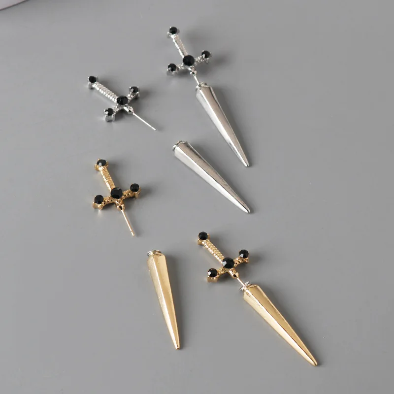 남성용 고딕 소드 귀걸이, 블랙 크리스탈 스터드 귀걸이, 힙합 파티 귀 쥬얼리