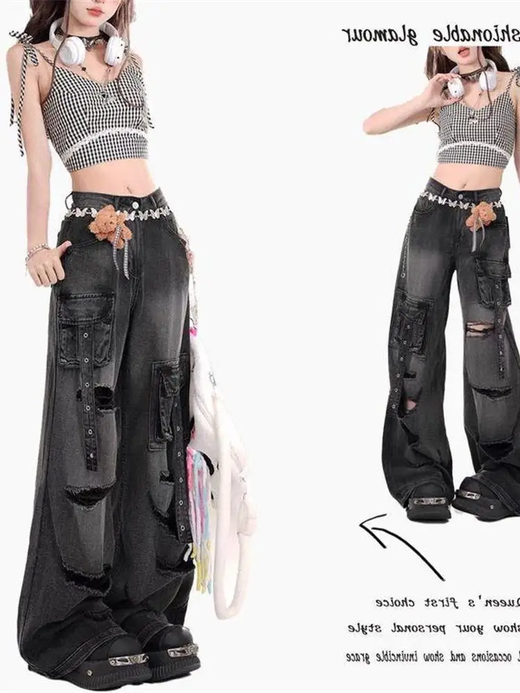 High Waist Black Denim Workwear Pants Women's Summer 2024 New Style Multi-Pocket Wide Leg American Design Sense Jeans