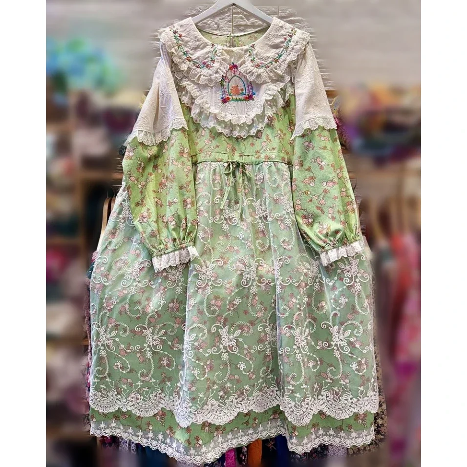 Mori Girl Cotton Patchwork Lace Cottagecore Green Midi Dress for Women Vintage Retro Shabby Chic Victorian Rococo Long Dress