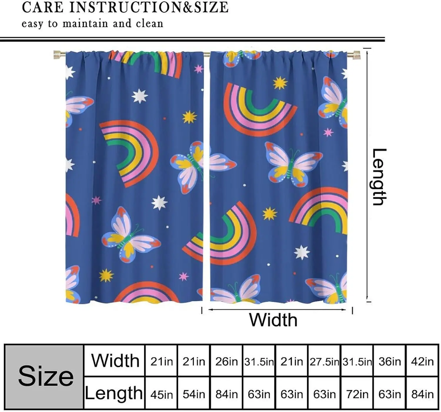 Kids Cartoon Curtain Bright Rainbow Butterfly White Yellow Pink Star Decor Pattern Light Blocking Drape For Teen Dorm Cottage