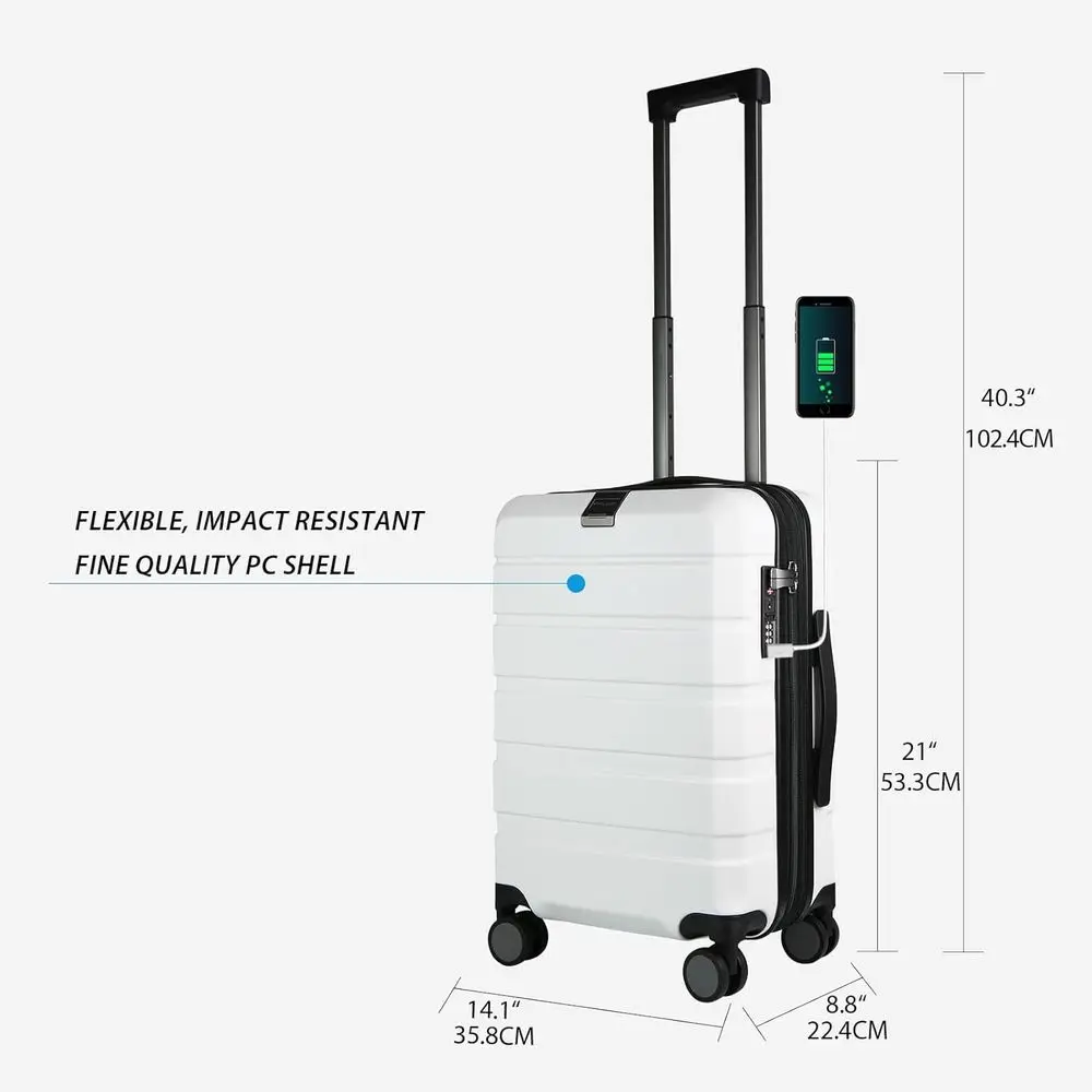 Expandable Hardside Spinner Luggage with USB Port, 20-Inch White TSA Lock Carry-On Bag