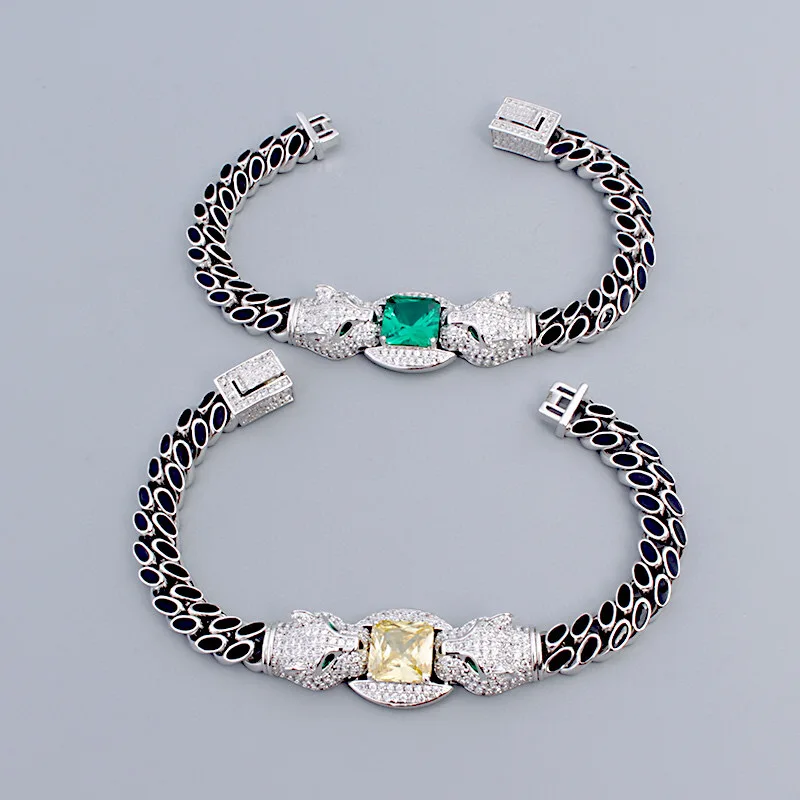 

Designer Collection Hip Hop Bracelet Women Lady Inlaid Green Yellow Cubic Zircon Green Eyes Leopard Panther Black Cuba Chain