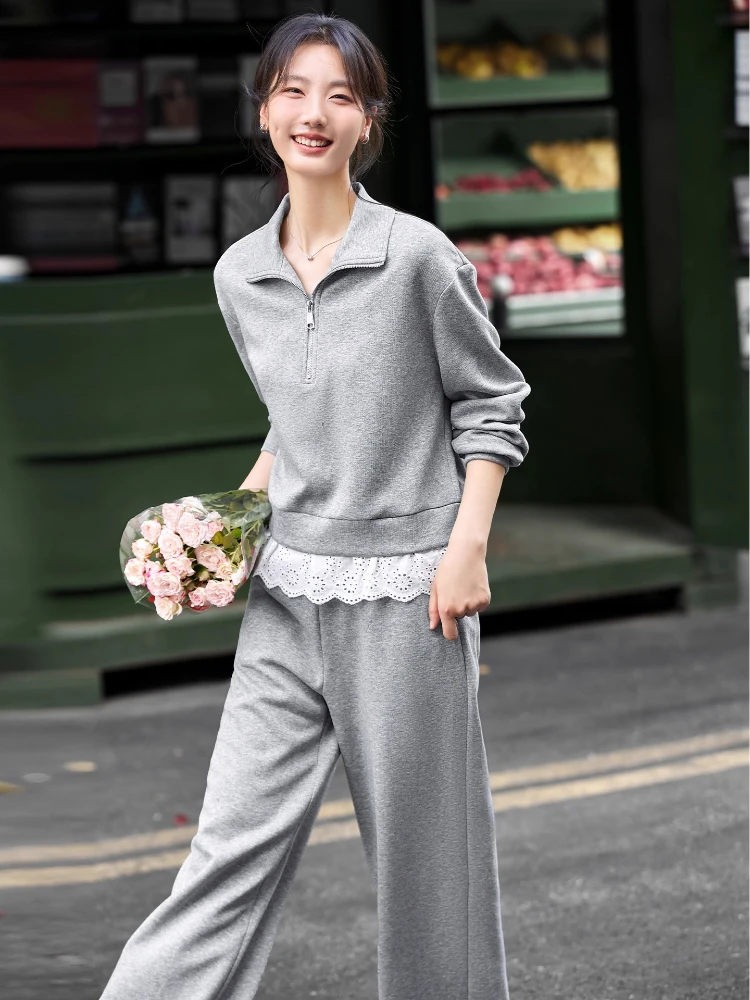 

VIMLY Pants Sets Woman 2 Piece Grey Sporty Turn-down Spliced Lace Hem Tops Casual Wide Legs Long Pants Ladies Trouser Sets A2063