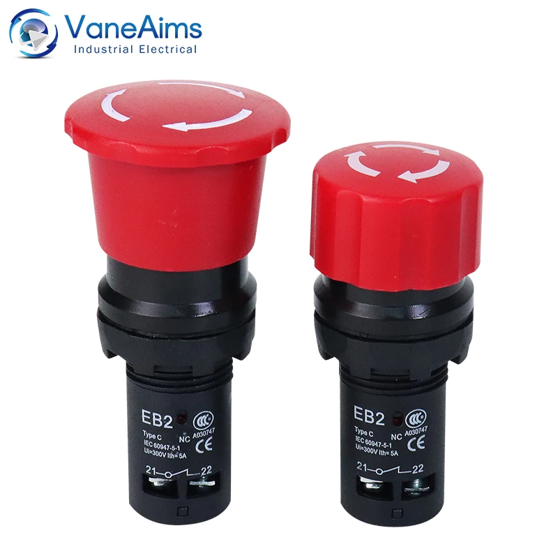 VaneAims Emergency Stop Button Switch On Off  EB2 Series Red Mushroom Head Latching Self-locked e-stop Push Buttons 22mm 5A