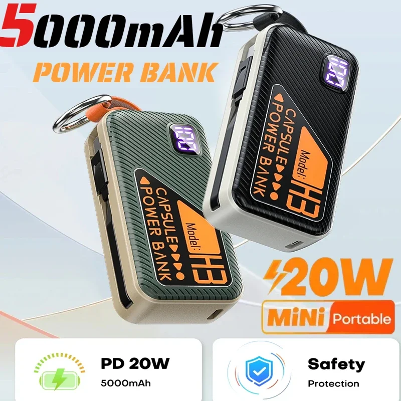 For IPhone Samsung Xiaomi Huawei Keychain Digital Display Portable Power Bank 5000mAh External Battery Built-in Cable Charger