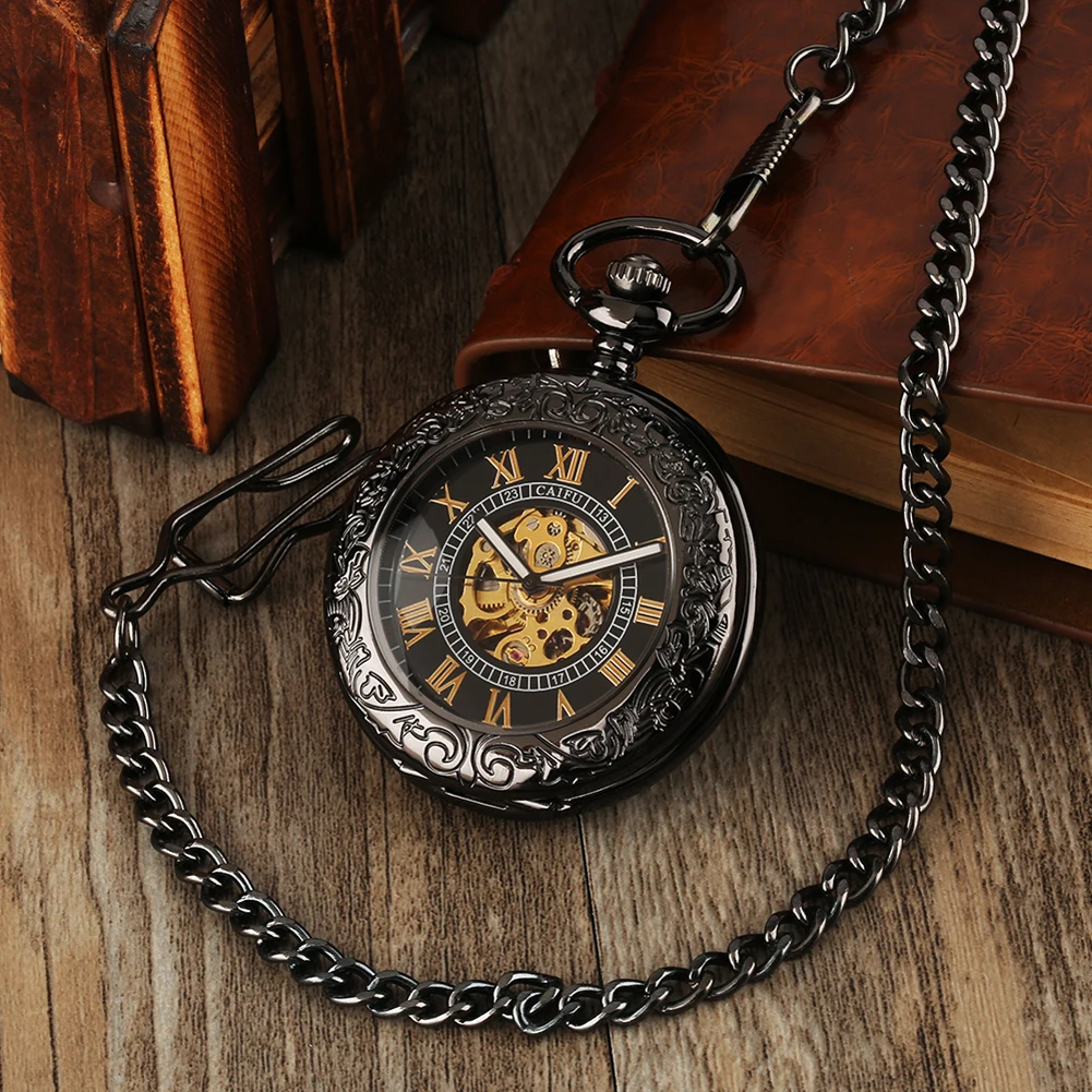 

Men Automatic Mechanical Pocket Watch Pocket Chain Pendant Vintage Pocket Clock Transparent Glass Roman Numerals Dial Timepiece